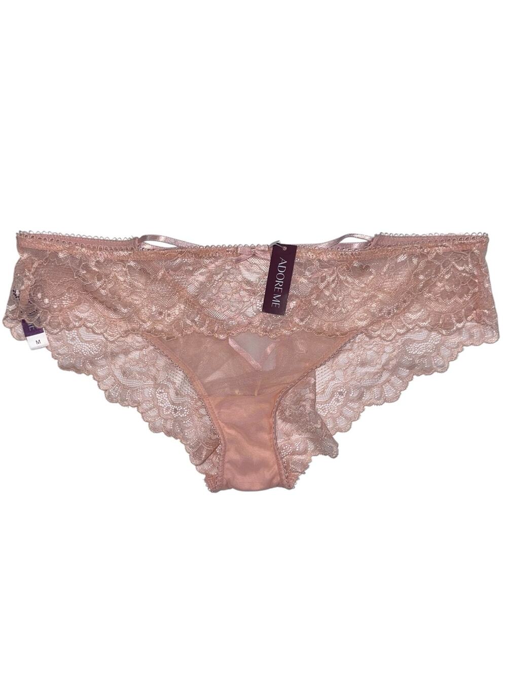 NWT Adore Me Enny Light Pink Sheer Lace Lace Up Bow Cheeky Bikini Panty Size M